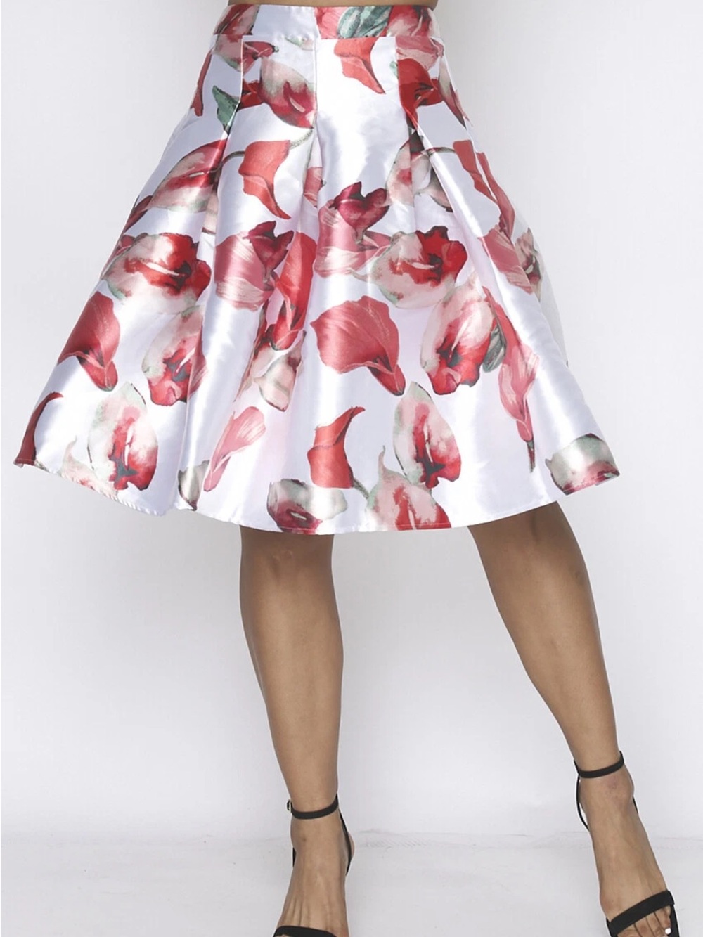 Floral A-Line Skirt in White with Red Print